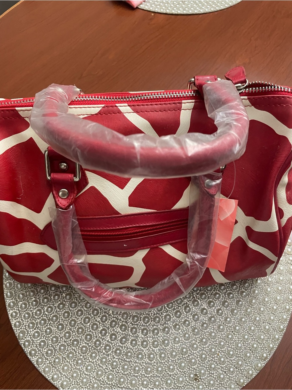 Red and White Patterned Women's Satchel Bag